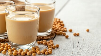 Creamy beverage in glasses with soybeans on wooden surface.