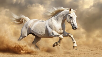 Obraz premium A majestic white horse in full gallop across desert sands, its flowing mane highlighted in stunning detail, capturing the energy and movement.