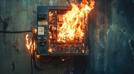 A malfunctioning electrical panel caught on fire, with wires sparking and flames growing, highlighting the risk of electrical hazards.