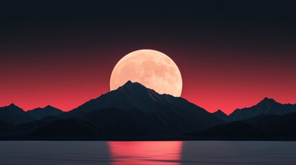 Obraz premium Serene moonrise over mountains and tranquil waters.