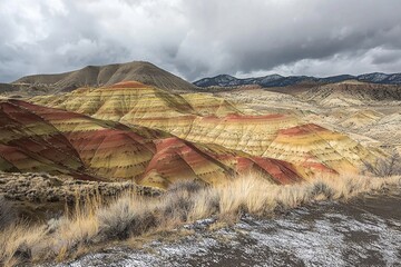 A scenic view of the Painted Hills in Oregon showcasing the vibrant colors and unique geological formations under a cloudy sky, with snow on the ground.