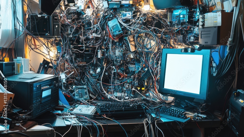 Poster A messy computer desk overflowing with tangled wires, gadgets, and tech components, capturing the chaotic nature of a busy, high-tech environment.