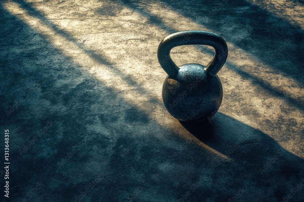 Poster Kettlebell positioned in dynamic light on textured gym floor with ample space for text Generative AI