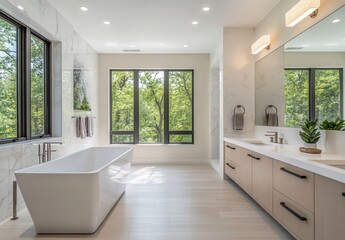 Modern Minimalist Bathroom with Freestanding Bathtub, Large Windows, Natural Light, and Elegant Design Elements for Contemporary Home Interiors