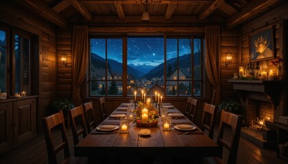 Cozy Mountain Lodge Dining Room with Candlelit Table and Scenic View