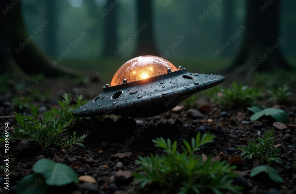 Aufkleber mysterious ufo hovering above forest floor under soft, glowing light