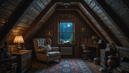 Obraz premium Cozy Attic Room with Warm Lighting and Scenic Moonlit View