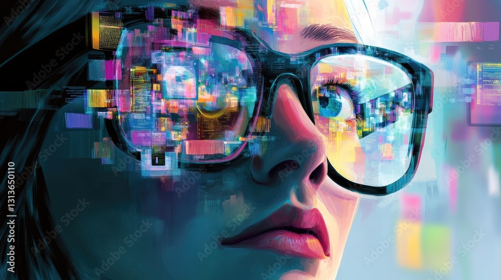 Aufkleber a person overcoming digital distractions, represented visually with fragmented technology and a cent