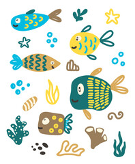 Cartoon cute fish collection with seaweed and ocean set elements vector illustration