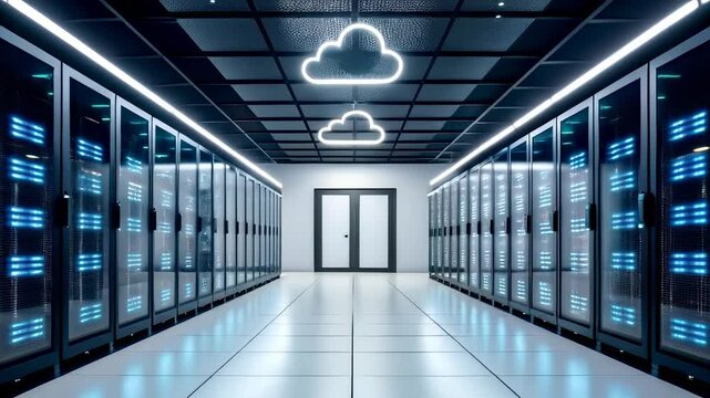 Modern data center with illuminated server racks, cloud computing icons, and secure server room.