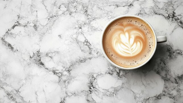 A steaming cup of coffee resting on a polished marble countertop.