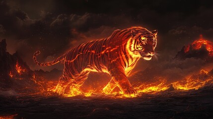 A powerful tiger illuminated with a fiery glow, surrounded by a volcanic landscape at night, creating a mystical and intense atmosphere © Natchooda
