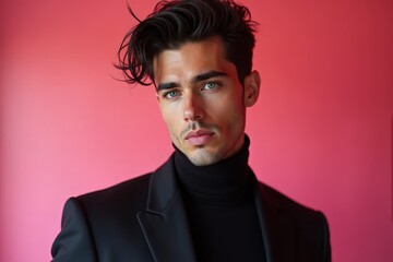 Fototapeta premium Man with wavy dark hair and light-colored eyes wearing a black turtleneck and blazer, photographed against a vivid pink background 