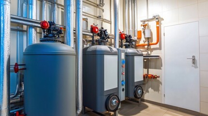 An industrial boiler room filled with pipes and light blue atmospheric lighting.