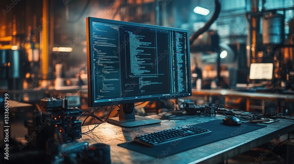 Poster A rugged industrial workshop with exposed wires and metal panels, showcasing a robust computer screen displaying dynamic programming code, symbolizing tech operations.