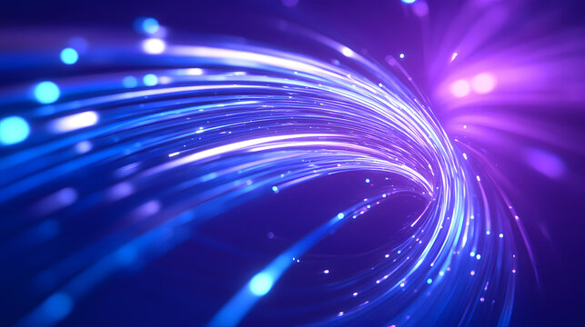 Abstract fiber optic cable bundle bright light, glowing flowing technology particle lines background 3D rendering
