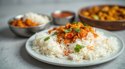 Authentic Indian Curry Dish Served Over Rice on a White Plate with Cilantro Garnish