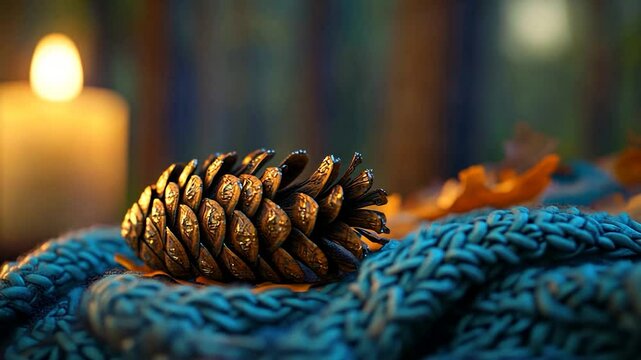 Golden pinecone on a teal blanket, warm light