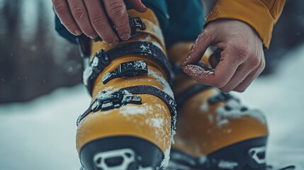 Someone is adjusting a ski boot strap in a snowy environment