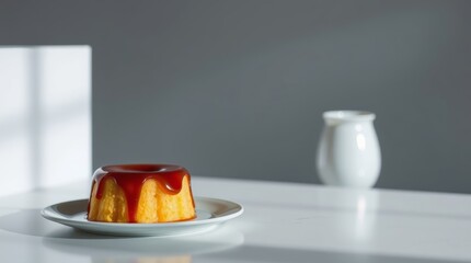 Classic Rum Baba Delight presented in simple minimalist elegance, lit to showcase rich color