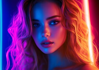 Naklejka premium Neon Portrait Woman with Blonde Hair Blue and Red Lighting