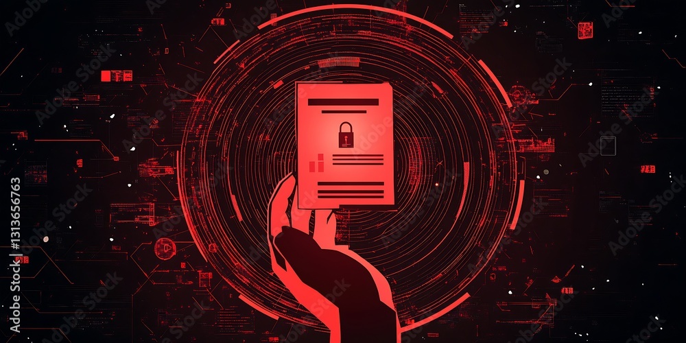 Poster Conceptual graphic depicting a hand holding a secured document set against a red digital backdrop representing cybersecurity and data protection : Generative AI