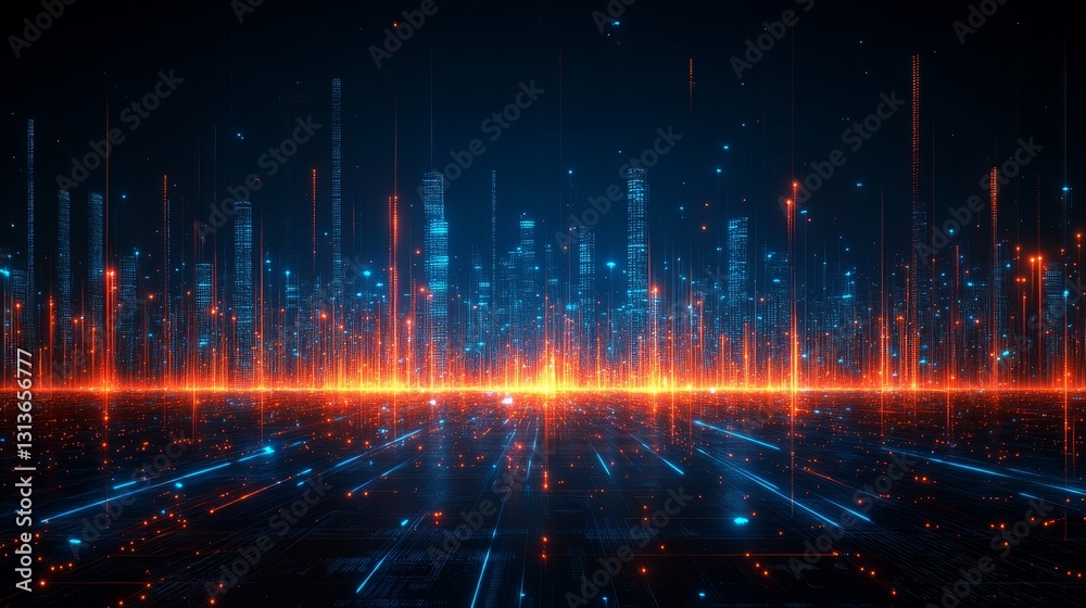 Poster futuristic digital cityscape backdrop with neon glow lines and dots representing technology and conn