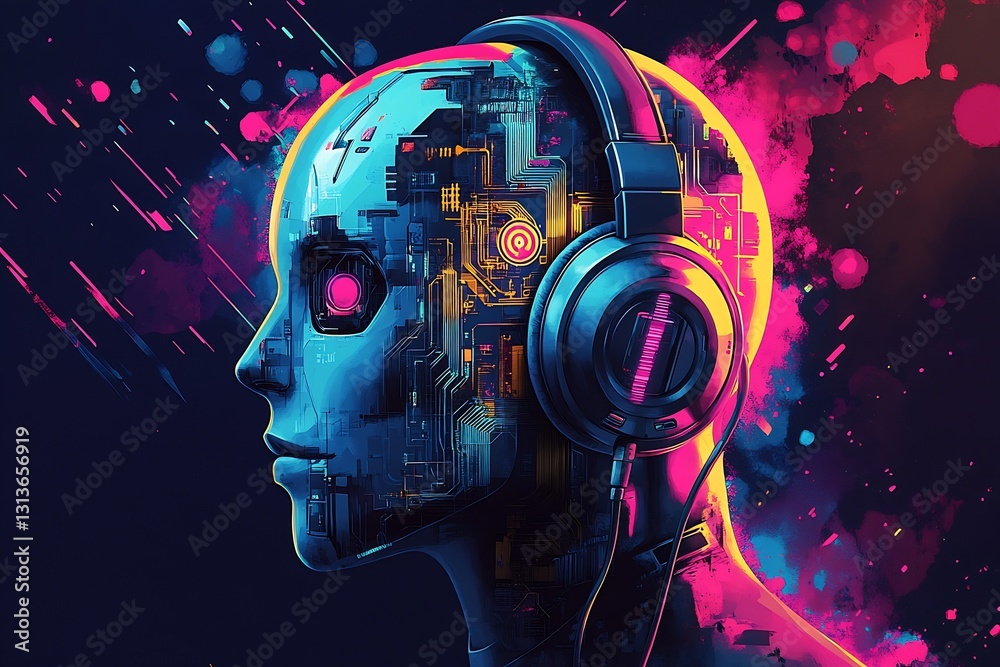Poster Dynamic robotic head with glowing features and headphones representing advanced technology and creativity : Generative AI