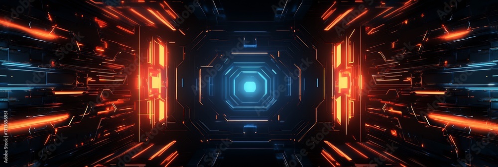 Fototapete futuristic tunnel with bright neon lights and deep technological details creating a sense of adventu