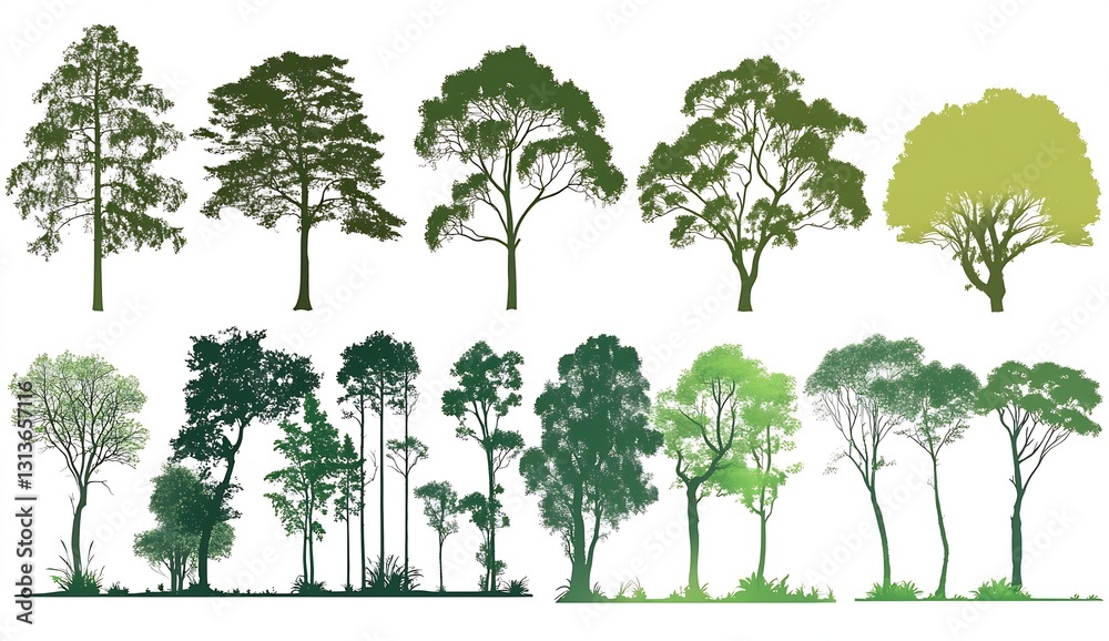 Aufkleber silhouette of various tree species in different styles showcasing nature's diversity : generative ai