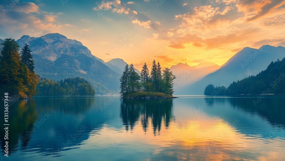 Poster breathtaking mountain landscape at sunset with tranquil lake and reflection of trees and sky : gener