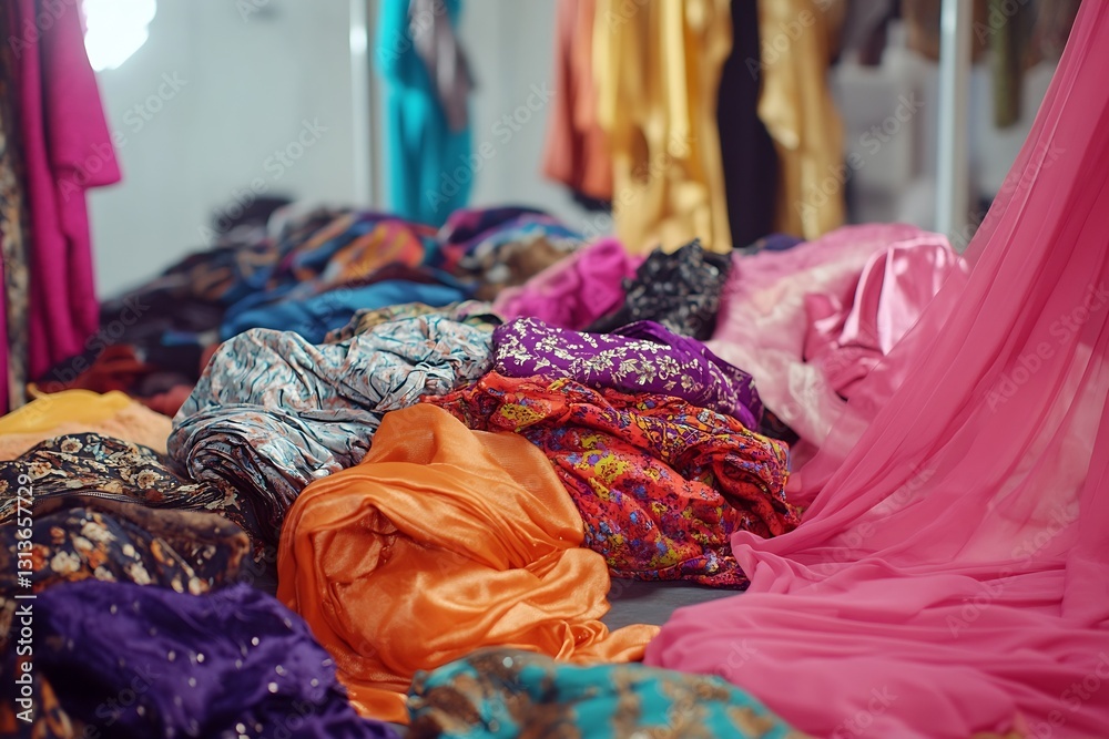 Poster A vibrant display of colorful fabrics scattered across a floor capturing the essence of fashion and design creativity : Generative AI