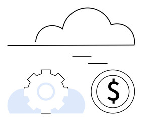 Cloud with gear and dollar coin representing digital transformation, finance, efficiency. Ideal for technology, finance, business, innovation, digital strategies automation productivity. Flat