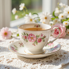Fototapeta premium Delicate porcelain teacup on lace tablecloth, elegant serenity