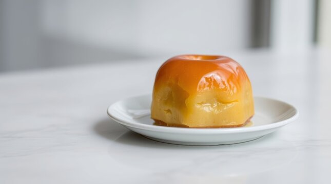 Delicate Rum Baba Dessert on White Plate Showcasing Texture and Caramel Glaze