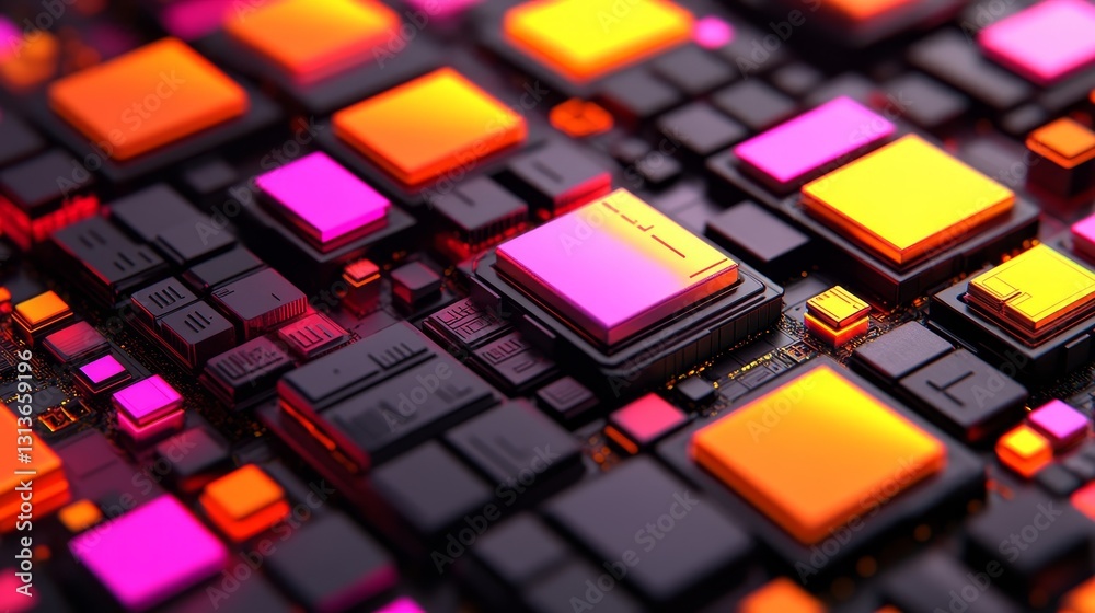 Poster abstract futuristic microchip design with vibrant colors showcasing modern technology and computatio