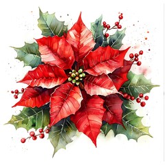 Festive Watercolor Painting of a Poinsettia with Holly Berries. A vibrant illustration perfect for Christmas cards, decorations, or winter-themed designs.