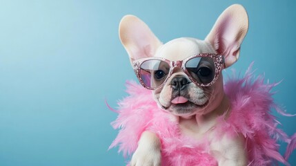 A stylish French bulldog puppy with sunglasses and a feather boa, exuding charm and cuteness in a fun photo shoot.