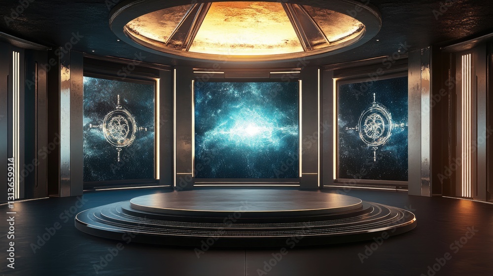 Aufkleber A symmetrical 3D rendering of a large circular podium, surrounded by LED screens displaying Zen symbols and calming visuals, perfect for a serene and meditative environment.