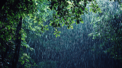 A dense rainforest with tall trees, heavy rain pouring down from the sky, generative AI