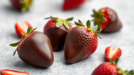 Delicious chocolate-covered strawberries on a gray surface showing an aesthetic design