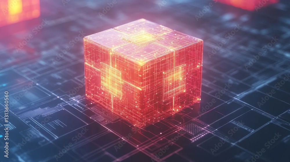 Poster abstract technology cube glows red highlighting interconnected systems and data transfer network for
