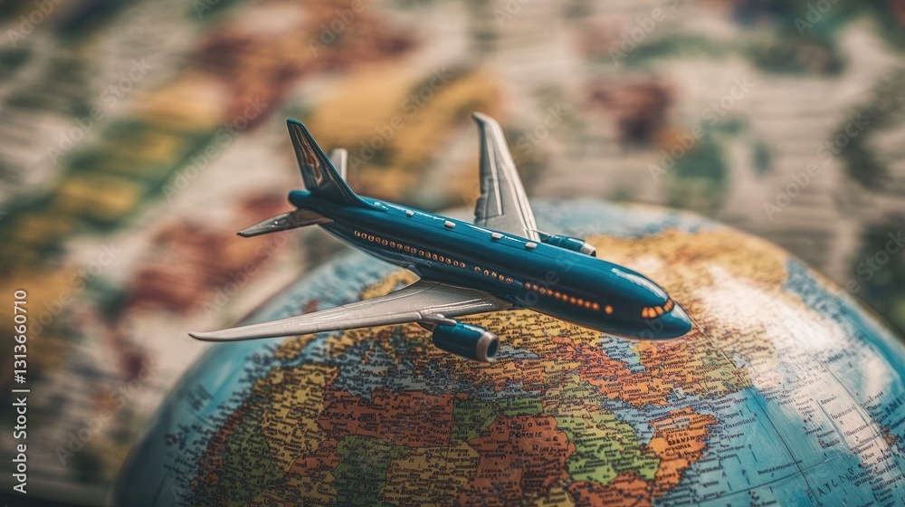 Poster a toy airplane on top of a world globe, emphasizing the concept of travel and exploration, with vibr