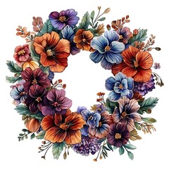 Fototapeta premium Watercolor Floral Wreath A Bountiful Arrangement of Autumnal Blooms. This image features a vibrant circle of flowers perfect for fall invitations or seasonal designs.
