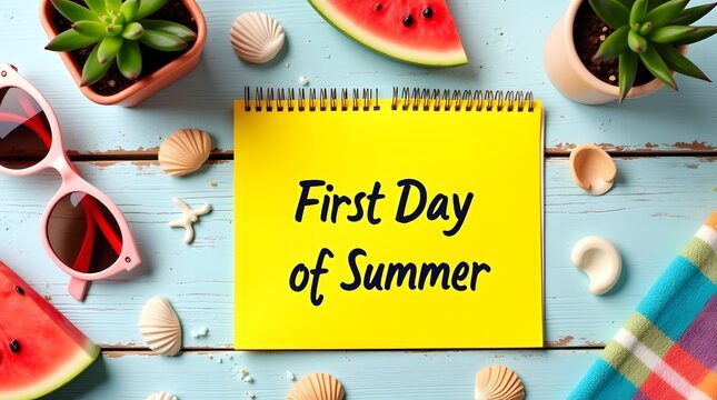 First Day of Summer Flat Lay with Sunglasses and Watermelon, Bright and Cheerful Summer Concept with Seasonal Elements, Welcome Summer Flat Lay with Tropical Accessories,