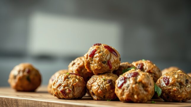 Delicious homemade meatballs presented elegantly on a wooden cutting board