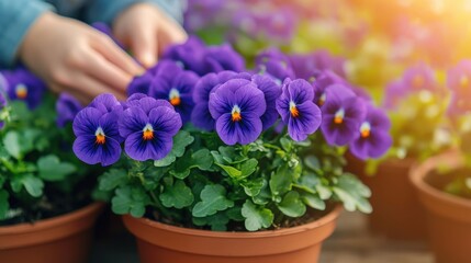 Fototapeta premium Vibrant purple pansies being tended in pots by hands.