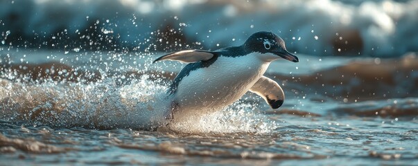 Obraz premium World penguin day with wildlife photography idea. Penguin splashing through water in dynamic action shot.