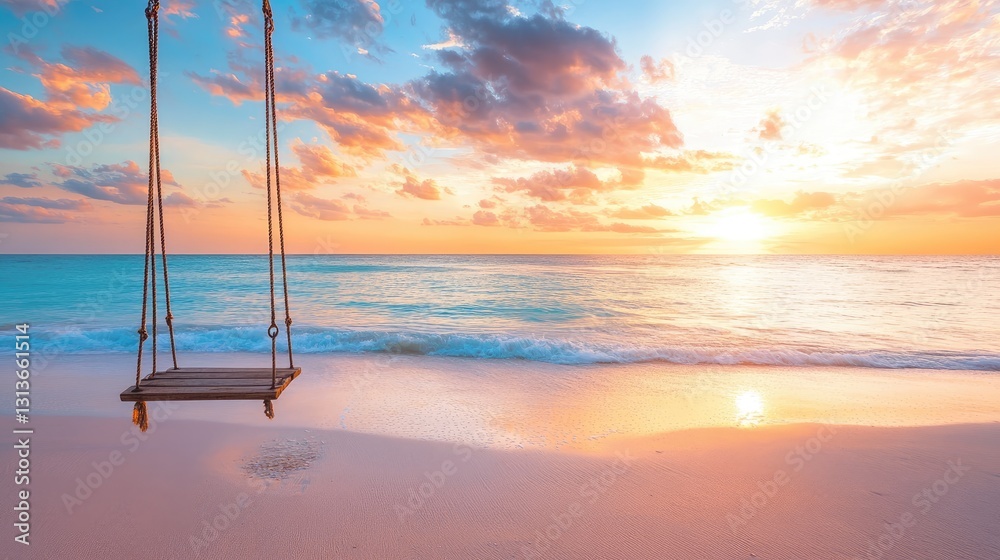Poster a tranquil beach scene with a swing facing the ocean at sunset, capturing the essence of relaxation 