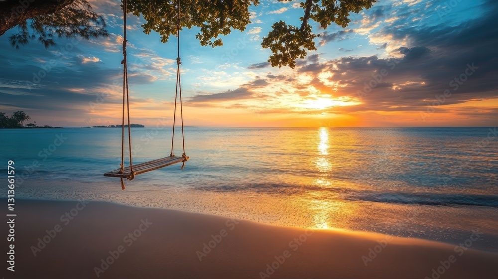 Poster a tranquil beach scene with a swing facing the ocean at sunset, capturing the essence of relaxation 